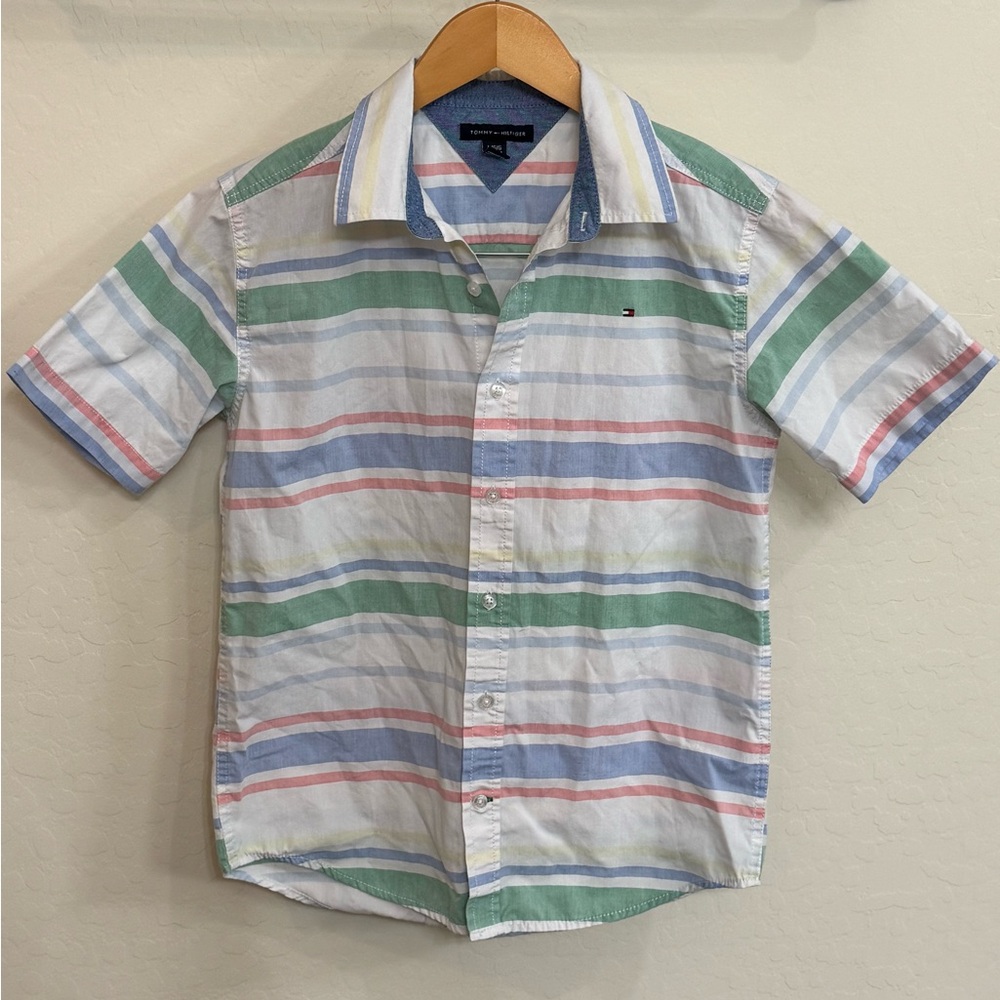 Tommy Hilfiger White Multicolor Striped Short Sleeve Button-Down Shirt